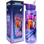 Botella de agua morada con pajita y HUNTR/X, con su caja, KPop Demon Hunters