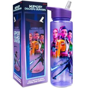 Botella de agua morada con pajita y HUNTR/X, con su caja, KPop Demon Hunters
