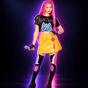 Disfraz de Mira con falda amarilla y top negro de HUNTR/X, KPop Demon Hunters