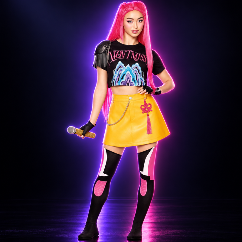 Disfraz de Mira con falda amarilla y top negro de HUNTR/X, KPop Demon Hunters