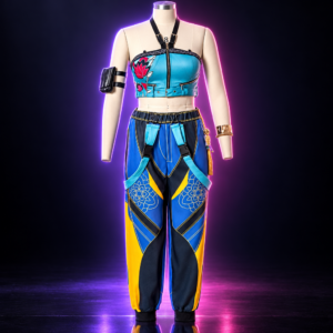 Disfraz de Zoey con top azul y pantalón deportivo, cosplay HUNTR/X, KPop Demon Hunters