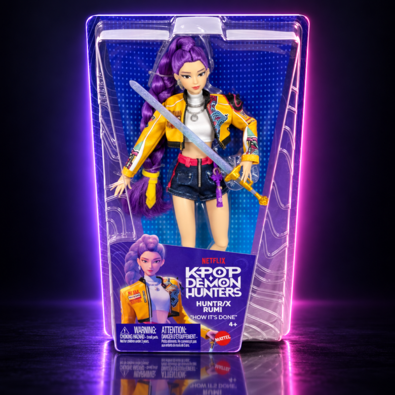Muñeca Rumi de HUNTR/X con trenza morada y espada en su caja Mattel, KPop Demon Hunters
