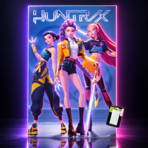 Póster de HUNTR/X con Mira, Rumi y Zoey sobre fondo azul, KPop Demon Hunters