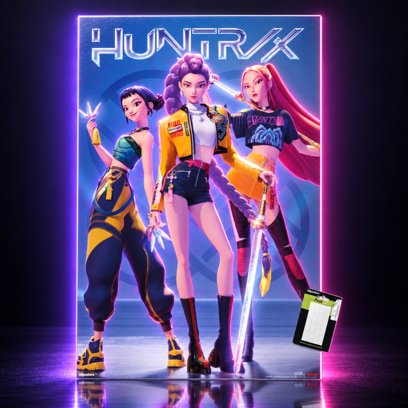 Póster de HUNTR/X con Mira, Rumi y Zoey sobre fondo azul, KPop Demon Hunters