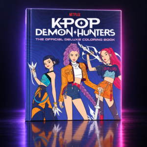 Libro de colorear Deluxe de KPop Demon Hunters con HUNTR/X en portada