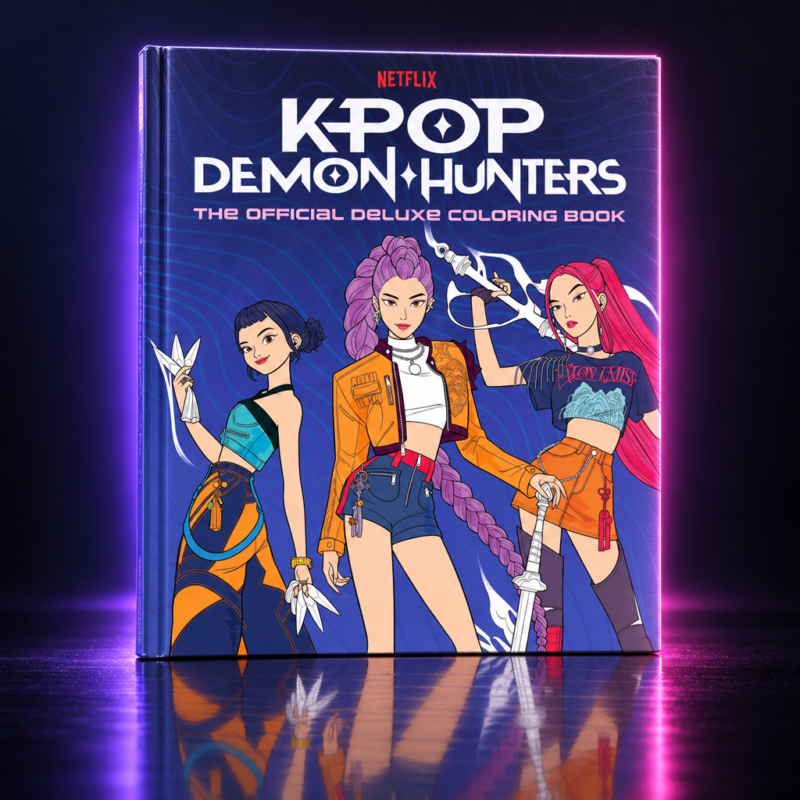 Libro de colorear Deluxe de KPop Demon Hunters con HUNTR/X en portada