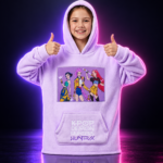 Manta sudadera lila con capucha y estampado de HUNTR/X, KPop Demon Hunters