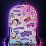 Mochila con estampado de pegatinas de HUNTR/X en tonos rosa y azul, KPop Demon Hunters