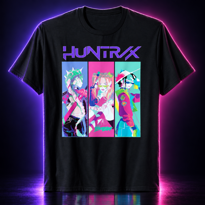 Camiseta negra con Rumi, Mira y Zoey en tres paneles de colores, HUNTR/X