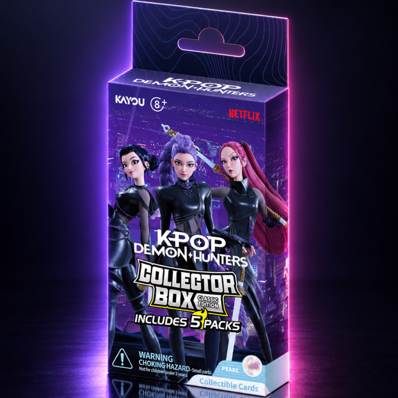 Caja Collector Box de 5 sobres de cartas Kayou con Saja Boys, KPop Demon Hunters