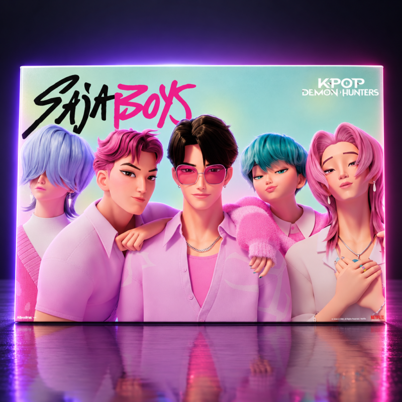 Póster de Saja Boys con los cinco miembros en tonos pastel, KPop Demon Hunters