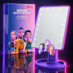 Espejo LED de tocador con pegatinas de HUNTR/X y su caja, KPop Demon Hunters