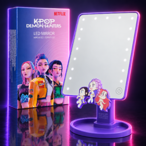 Espejo LED de tocador con pegatinas de HUNTR/X y su caja, KPop Demon Hunters