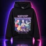 Sudadera negra con capucha y el grupo HUNTR/X, KPop Demon Hunters