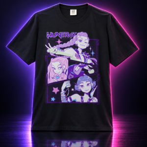 Camiseta negra Comfort Colors con ilustración de HUNTR/X, KPop Demon Hunters
