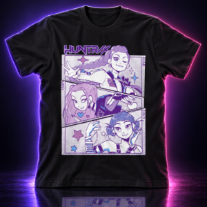 Camiseta negra con viñetas de Rumi, Mira y Zoey en estilo cómic, HUNTR/X