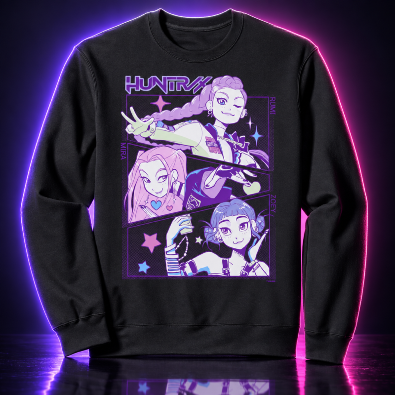 Sudadera negra con ilustración manga de Rumi, Mira y Zoey de HUNTR/X