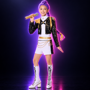 Disfraz infantil de Rumi con chaqueta de lentejuelas y botas blancas, KPop Demon Hunters