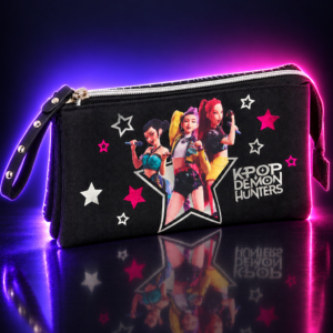Estuche triple negro Safta con HUNTR/X y estrellas, KPop Demon Hunters