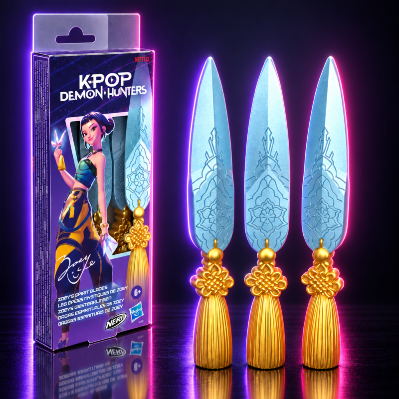 Pack de 3 cuchillas Nerf Spirit Blades de Zoey con su caja, KPop Demon Hunters