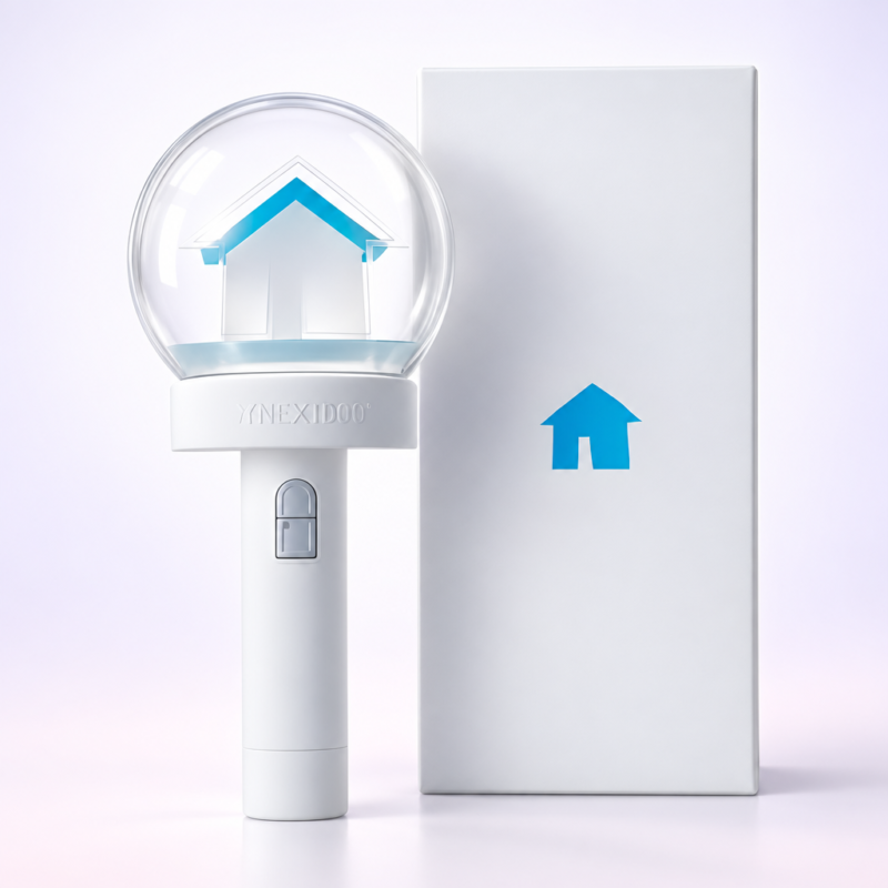 Lightstick con cabezal transparente y casita azul junto a su caja blanca, BOYNEXTDOOR